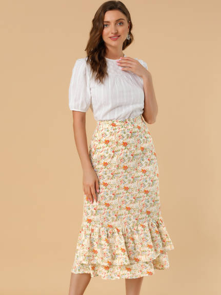 Allegra K- Printed Chiffon Ruffle Tiered Zipper Midi Skirt