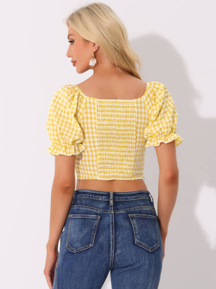 Allegra K- Smocked Crop Bubble Sleeve Tops