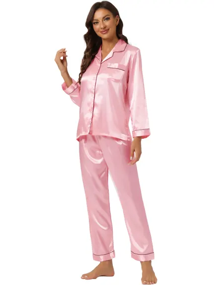 Allegra K - Satin Button Down Lounge Pajama Sets