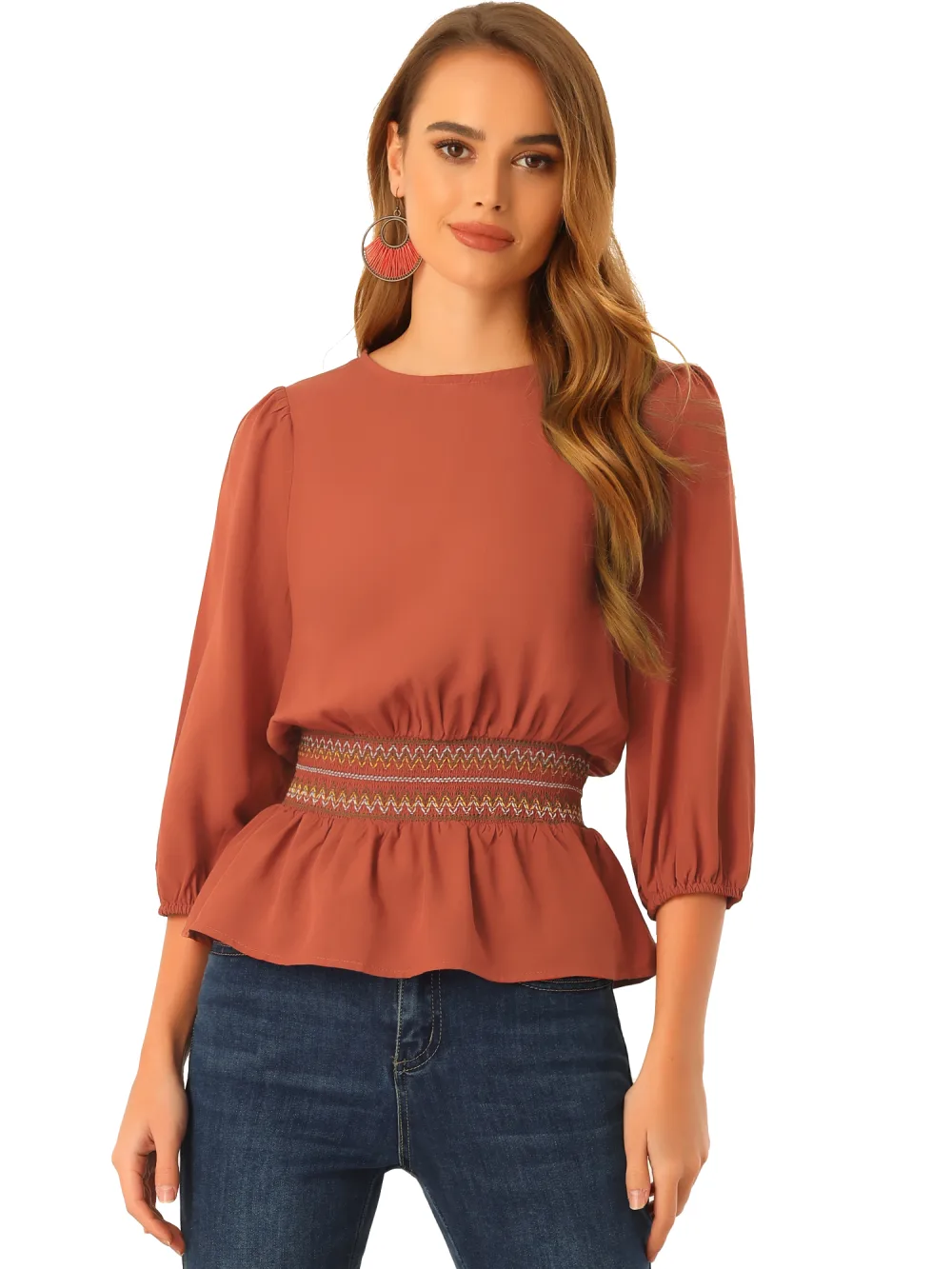 Allegra K- Peplum 3/4 Sleeve Smocked Waist Blouse