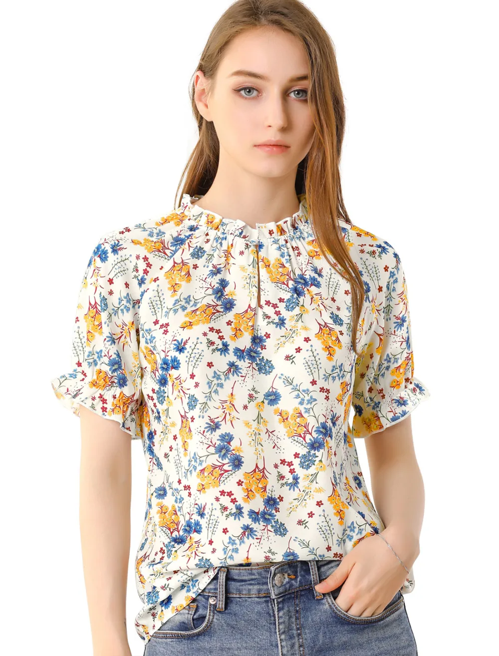 Allegra K- Floral Short Sleeve Ruffle Neck Blouse