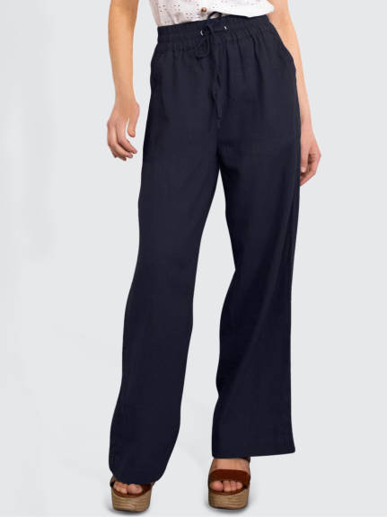 Annick - Danny Pantalon Lin Coupe Droite Taille Elastique Bleu Marine