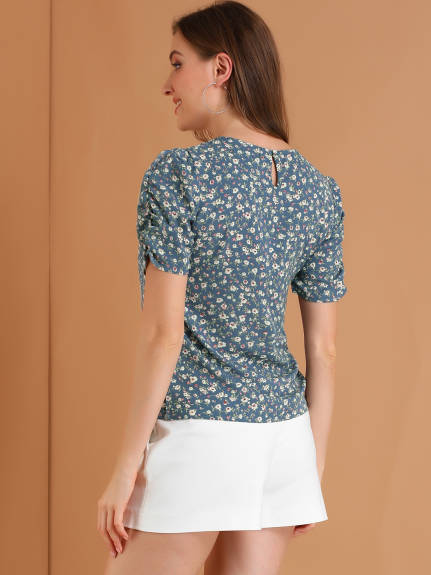 Allegra K- Floral Crew Neck Shirred Short Sleeve Blouse