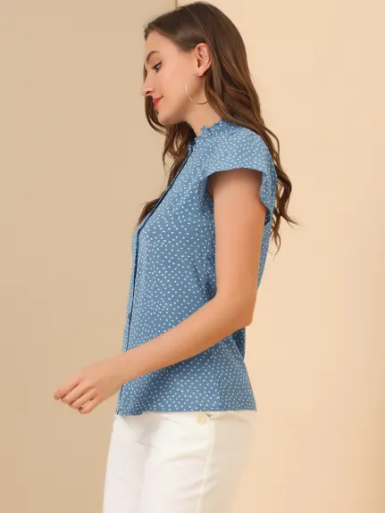 Allegra K- Ruffle Dots Retro Short Sleeve Button Down Blouse