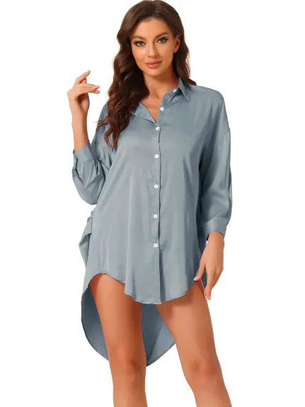 cheibear - Button Down Shirt Dress Satin Nightgown