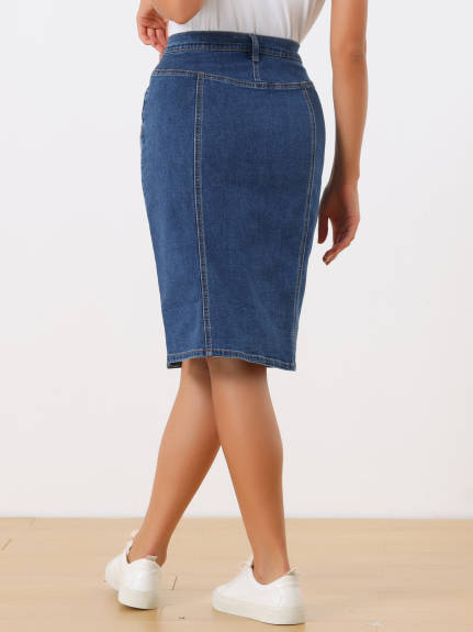 Allegra K - Button Side Slit Midi Denim Skirt