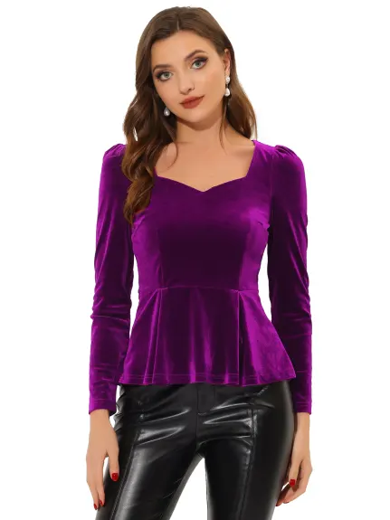 Allegra K- Velvet Sweetheart Neck Long Sleeve Peplum Top