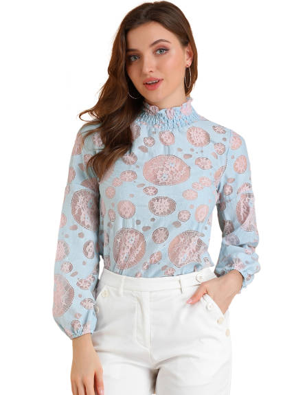 Allegra K- Ruffle Mock Neck Floral Lace Sheer Blouse