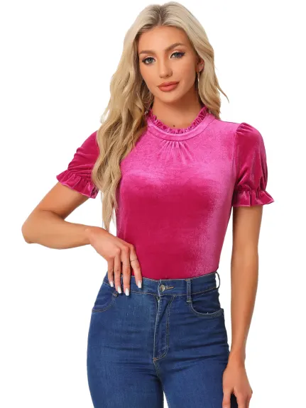 Allegra K- Ruffle Collar Short Sleeve Velvet Blouse