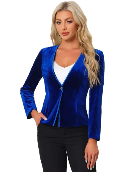 Allegra K- Collarless 1 Button Velvet Blazer