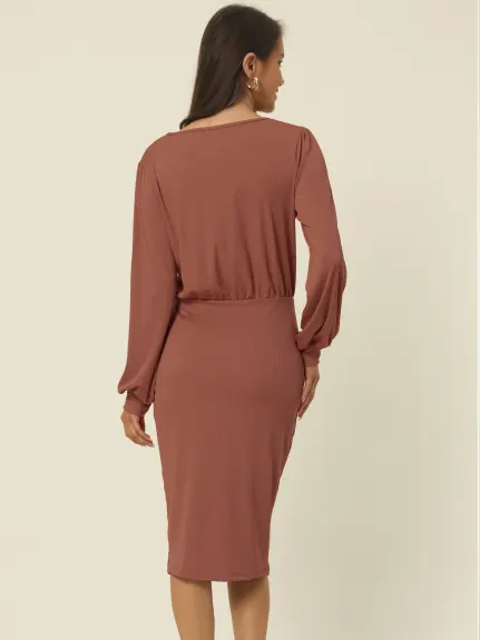 Allegra K- Ruched Side Slit Lantern Sleeve Ribbed Knit Bodycon Midi Dress