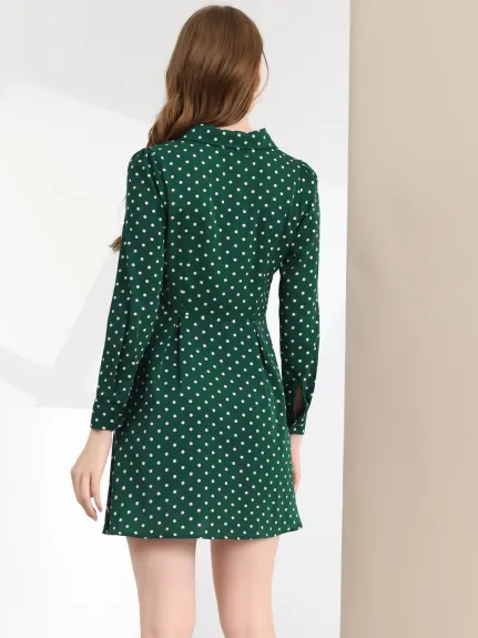 Allegra K- Polka Dots Notched Lapel V-Neck Shirt Dress