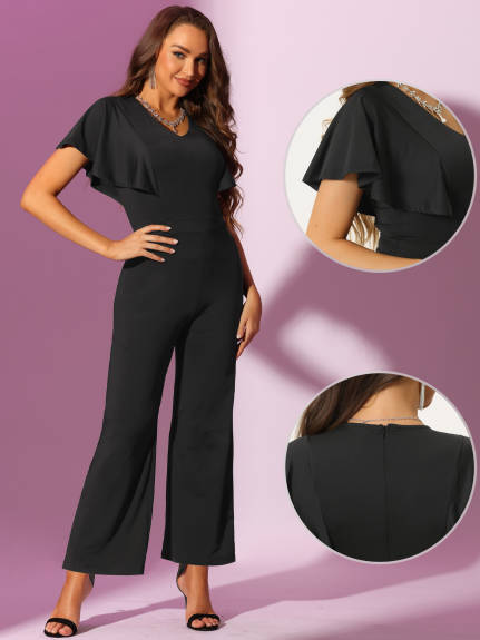 Allegra K - Ruffle Short Sleeve Fitted Wide Leg Jumpsuit