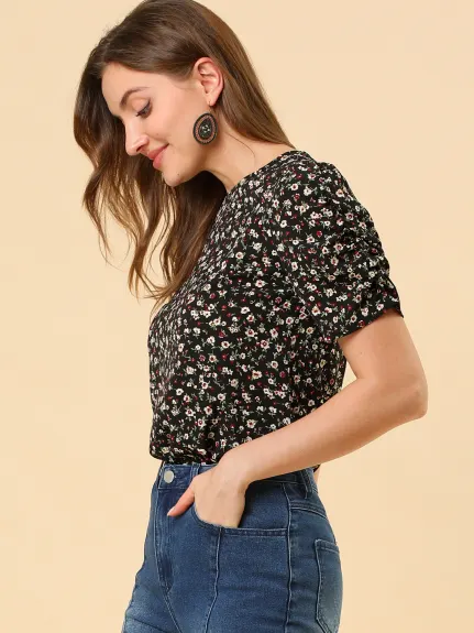 Allegra K- Floral Crew Neck Shirred Short Sleeve Blouse