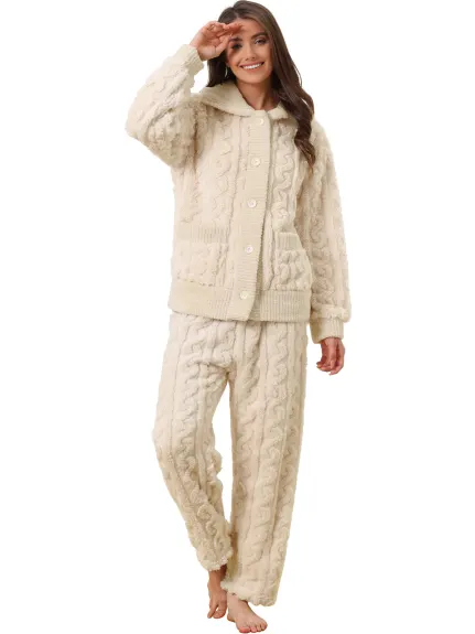 cheibear - Fluffy Fleece Button Down Winter Pajama Set