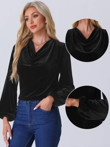 Allegra K - Cowl Neck Lantern Long Sleeve Velvet Blouse