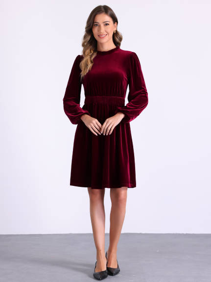 Allegra K - Velvet Smocked Waistline Long Sleeve Dress