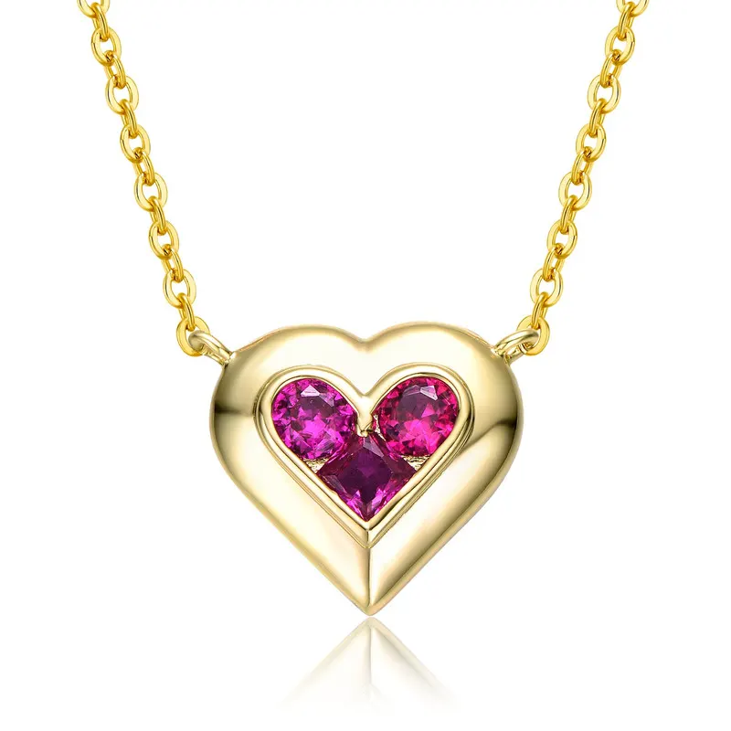 Rachel Glauber 14k Gold Plated with Ruby Red Cubic Zirconia Cluster Petite Heart Halo Pendant Necklace