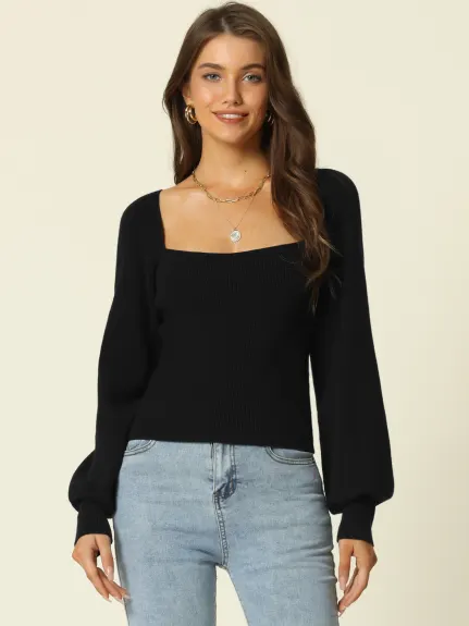 Allegra K- Bishop Sleeve Square Neck Ribbed Knit Crop Sweater Top