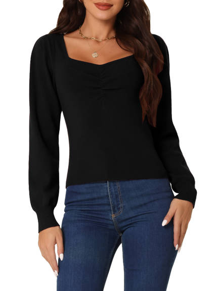 Allegra K - Solid Square Neck Ribbed Knit Sweater