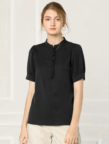 Allegra K - Puff Sleeve Chiffon Half Placket Top