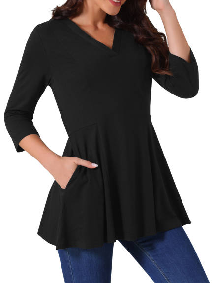 Allegra K - V Neck 3/4 Sleeve Flare Blouse