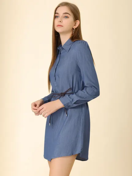 Allegra K- Puff Long Sleeve Belted Chambray Dress