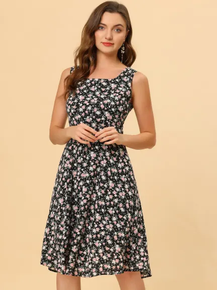 Allegra K- Robe midi en mousseline florale sans manches à col carré