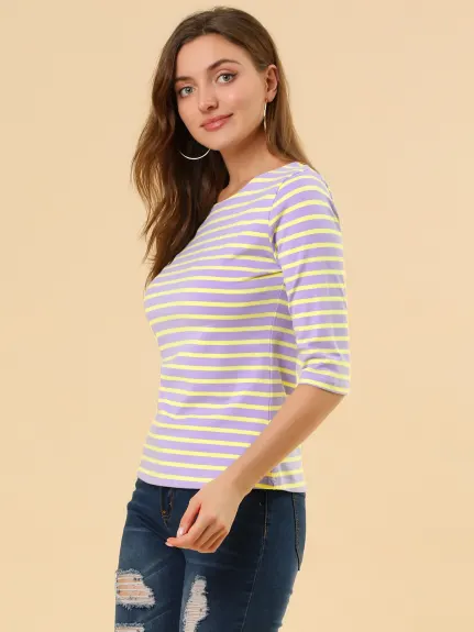 Allegra K- Boat Neck Elbow Sleeve Slim Fit Stripe T-Shirt