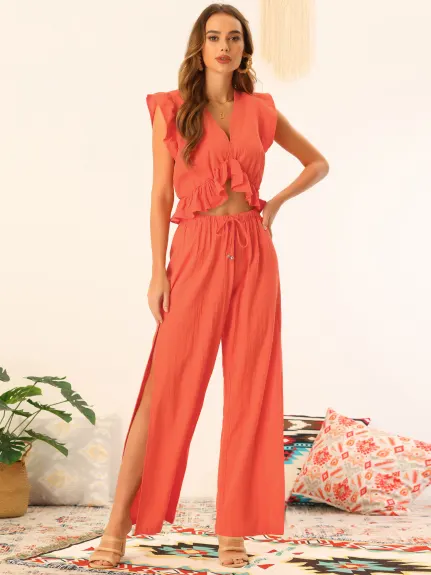 Allegra K- 2 Piece Deep V Neck Ruffle Crop Top Split Wide Leg Pant Set