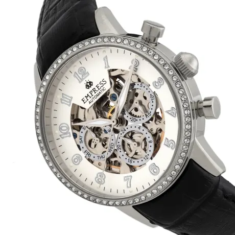 Empress - Montre automatique Beatrice avec cadran squelette et bracelet en cuir avec jour/date - Argent