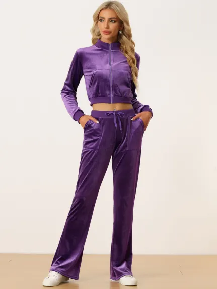 Allegra K - Velvet Crop Jacket Sweatpants Tracksuit