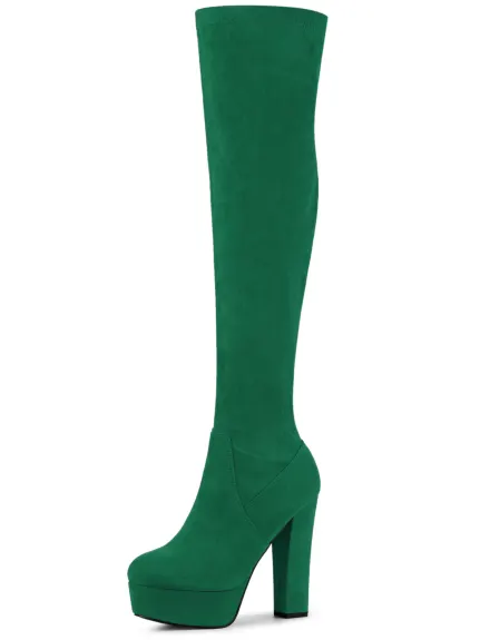 Allegra K- Block High Heel Platform Solid Thigh High Boots