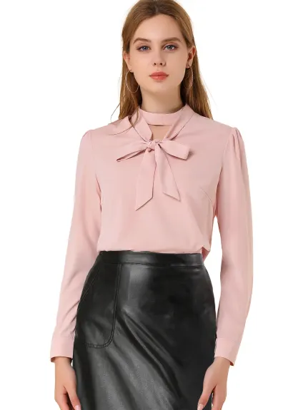 Allegra K- Blouse à manches longues bouffantes et col ras du cou avec nœud papillon