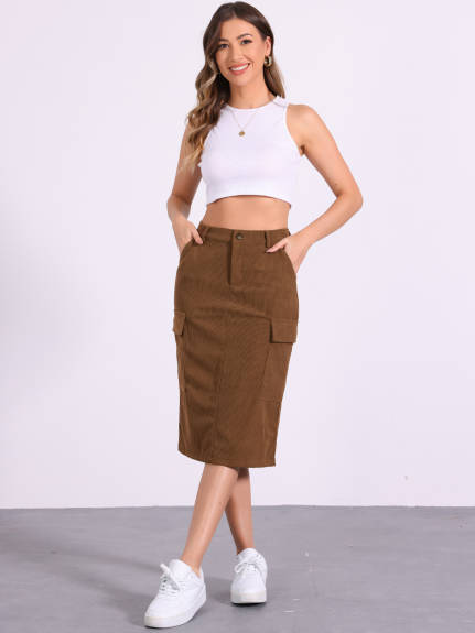 Allegra K - High Waist Corduroy Cargo Skirt