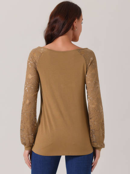 INSPIRE CHIC - Lace Long Sleeve Crewneck Fall Blouse