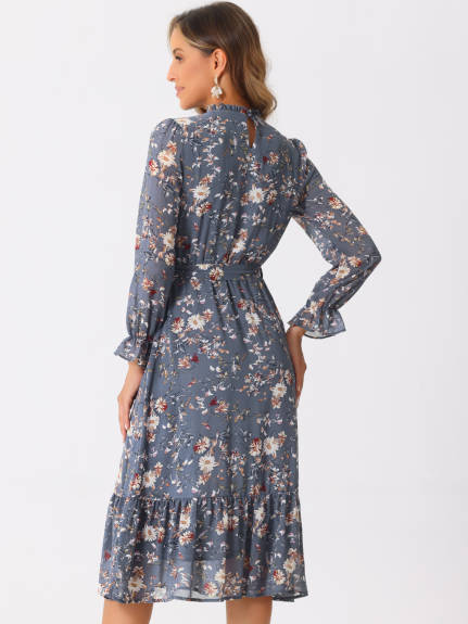 Allegra K - Floral Long Sleeve Chiffon Dress