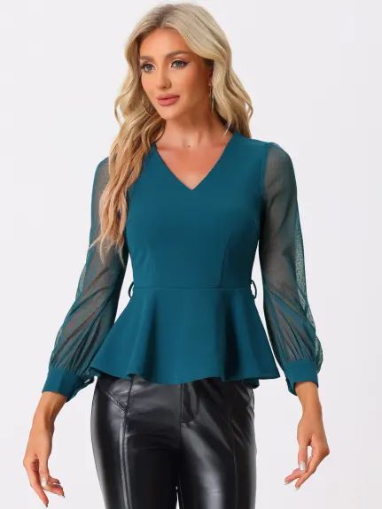 Allegra K - Mesh Long Sleeve Peplum Top with Belt