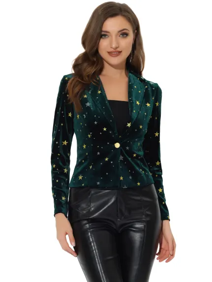 Allegra K- 1 Button Velvet Blazer Lapel Crop Suit Jacket