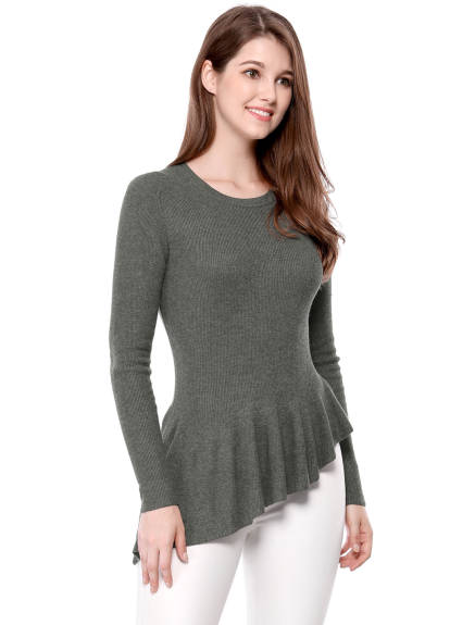 Allegra K- Ribbed Irregular Curved Hem Peplum Knit Top