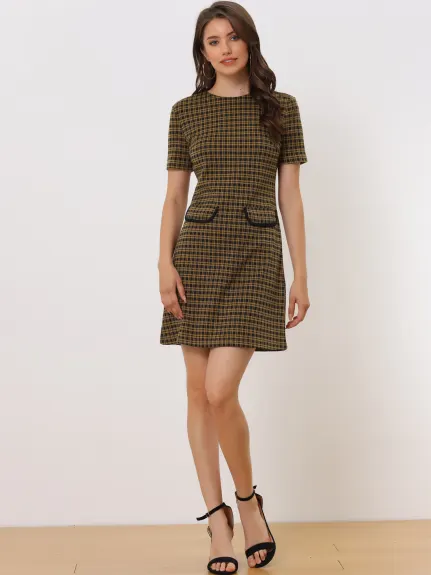 Allegra K- Short Sleeve Vintage Houndstooth Pencil Sheath Dress