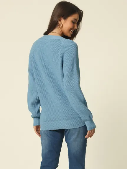 Allegra K - Haut pull en tricot côtelé boutonné à col en V