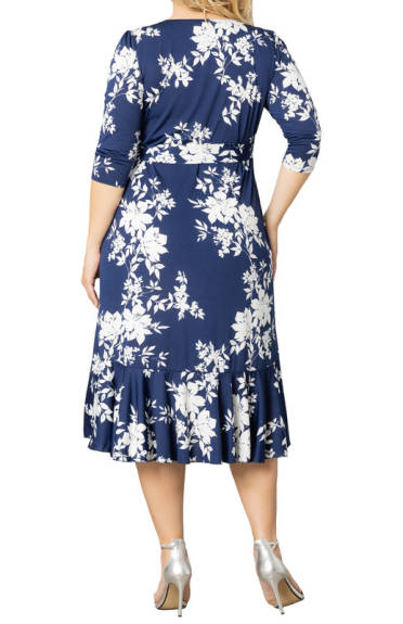 Kiyonna Flirty Flounce Midi Wrap Dress with 3/4 Sleeves (Plus Size)