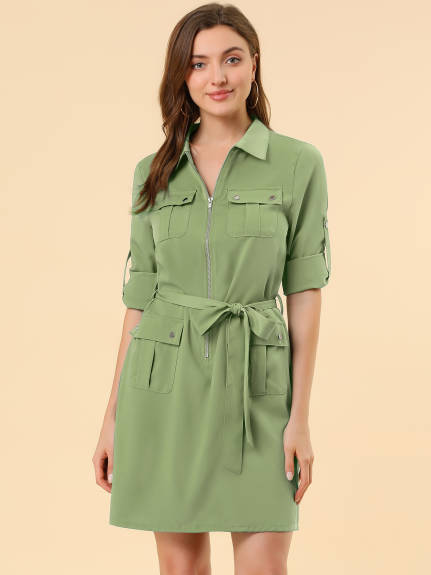 Allegra K- Roll-Up Sleeve Multi-Pocket Belted Shirt Dress