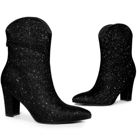 Allegra K - V Shape Pointed Toe Glitter Mid Calf Boots