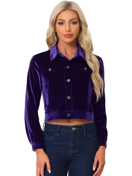 Allegra K - Velvet Button Up Cropped Casual Jacket