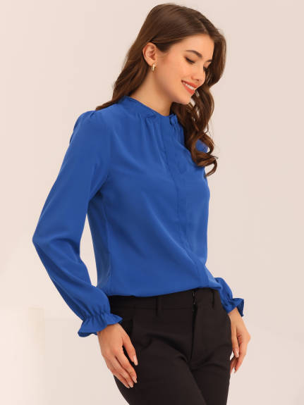 Allegra K- Ruffled Trim Stand Collar Long Sleeve Blouse