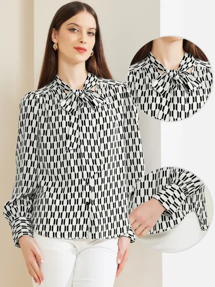 Allegra K- Print Tie Neck Lantern Long Sleeve Blouse