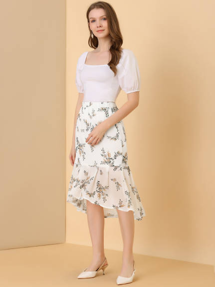 Allegra K- Floral Ruffle Hem Chiffon Midi Skirt