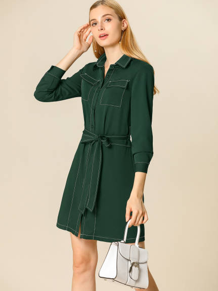 Allegra K- Button Up Belted Long Sleeve Shirt Dress